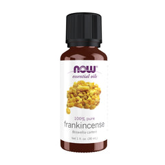 NOW Foods Frankincense oil bottle front shows purity for aromatherapy sessions.