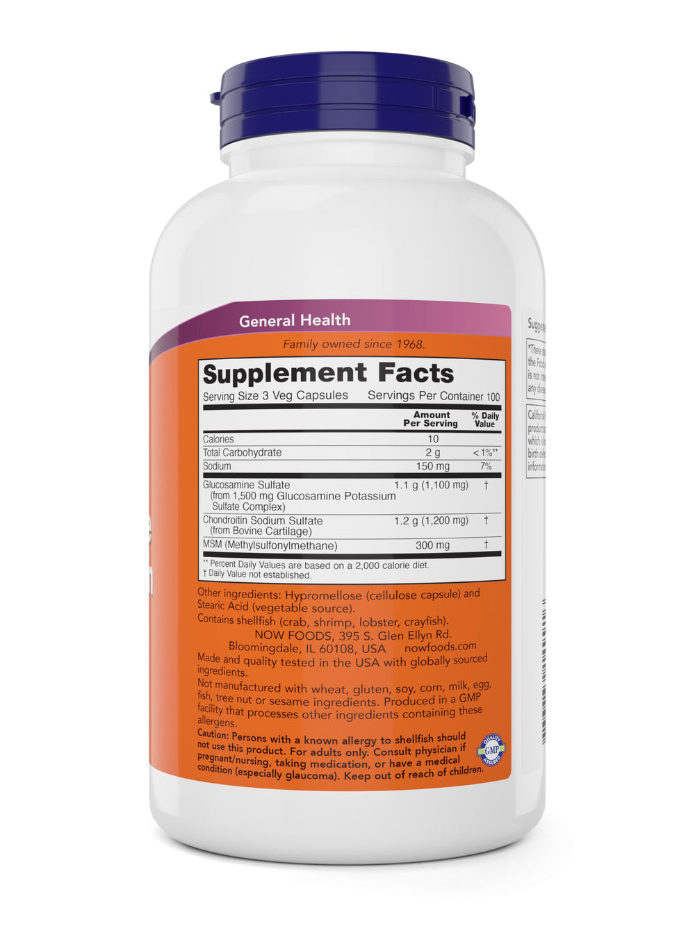 NOW Foods Glucosamine-Chondroitin with MSM capsules close-up with dosage details on the bottle.