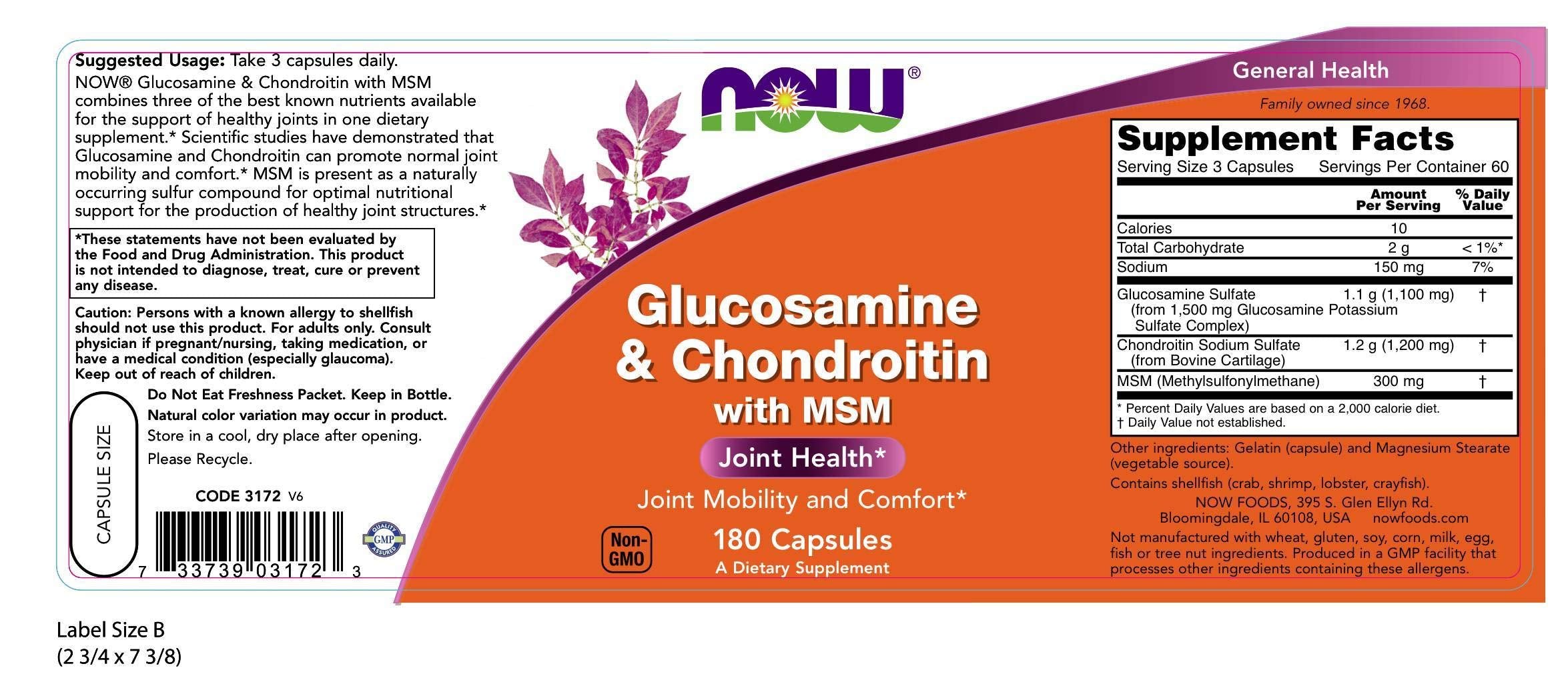 NOW Foods Glucosamine & Chondroitin with MSM capsules for mobility support.