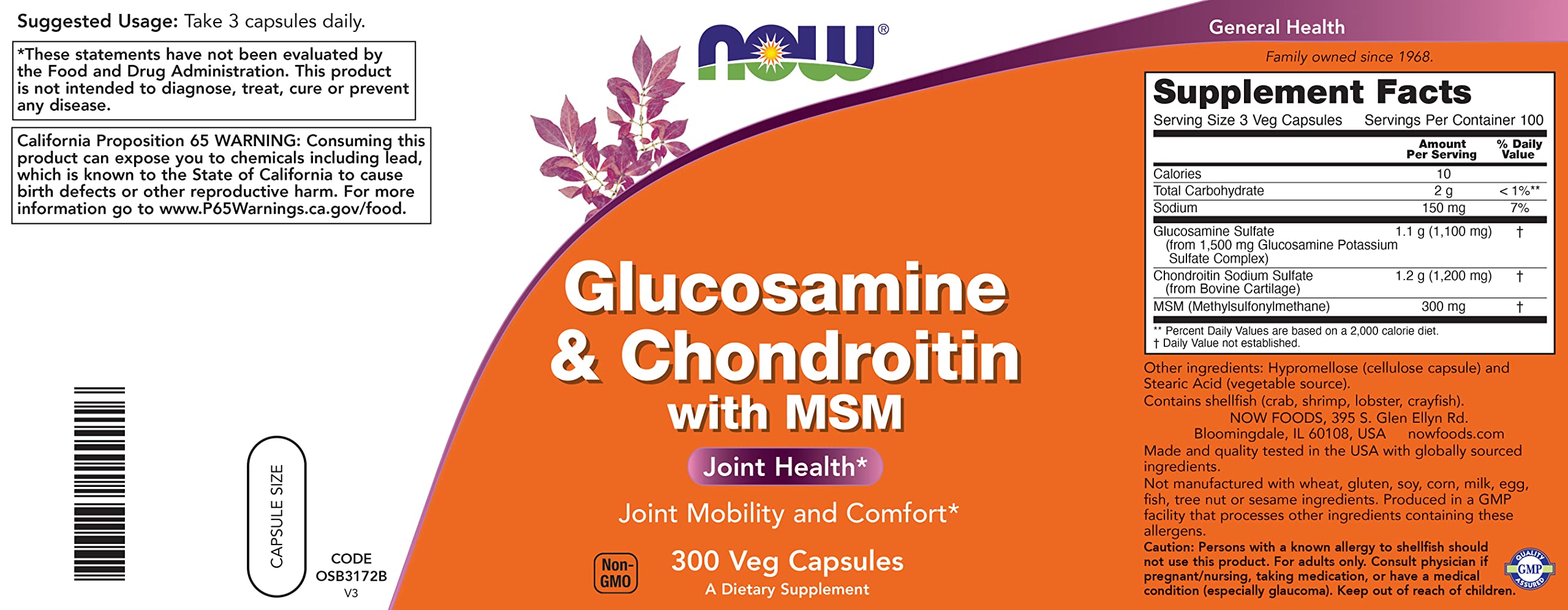 NOW Foods Glucosamine-Chondroitin with MSM packaging shows USA-made, family-owned heritage.