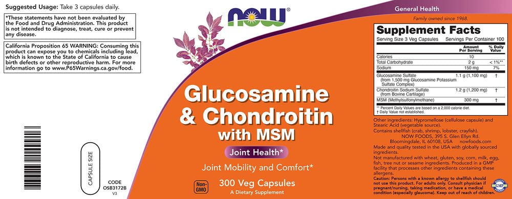 NOW Foods Glucosamine-Chondroitin with MSM packaging shows USA-made, family-owned heritage.