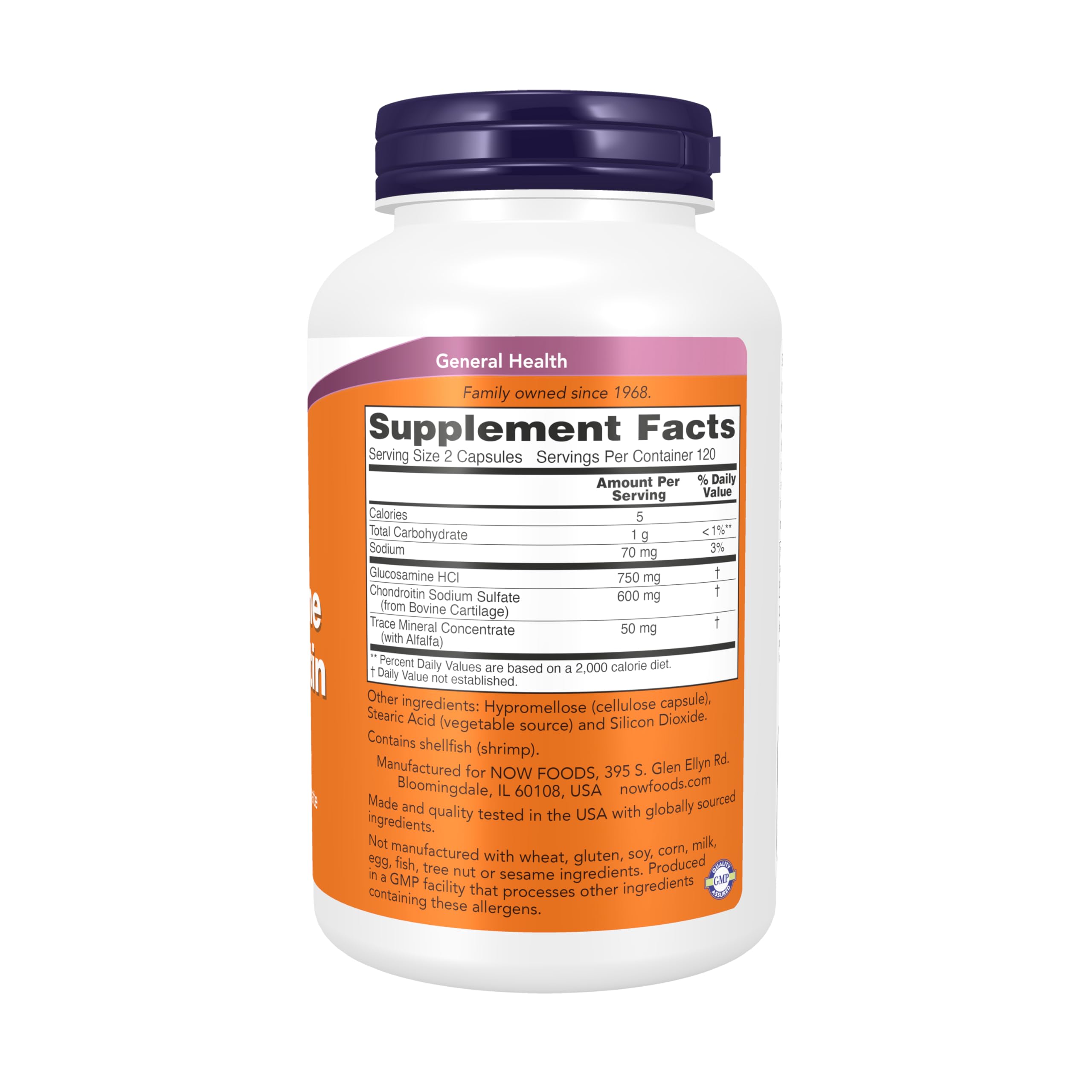 NOW Foods Glucosamine & Chondroitin label close-up showing trace minerals