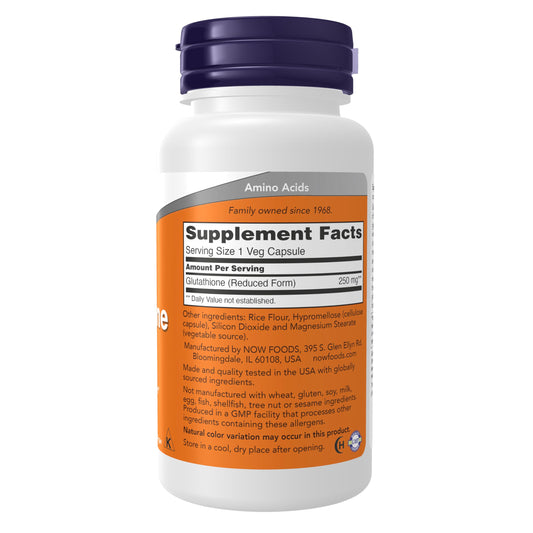 NOW Foods Glutathione 250 mg bottle label close-up showing reduced active form