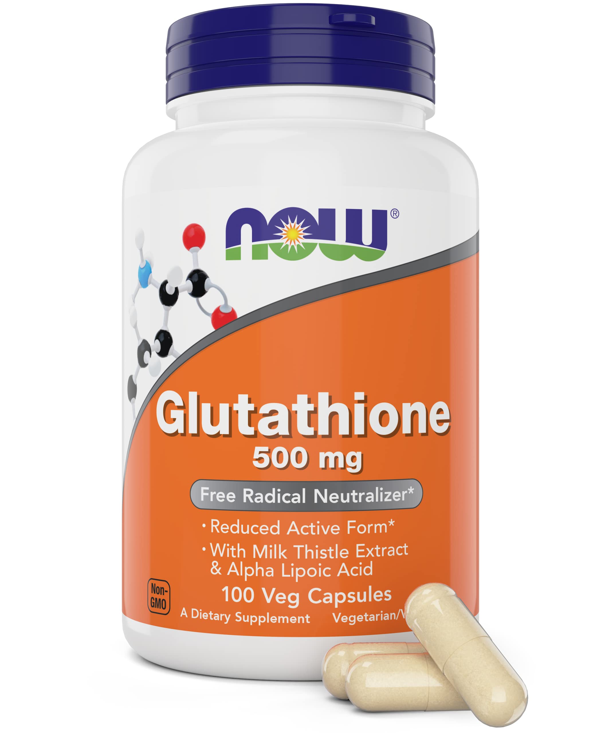 NOW Foods Glutathione 500 mg bottle front view, appealing packaging for shelf display