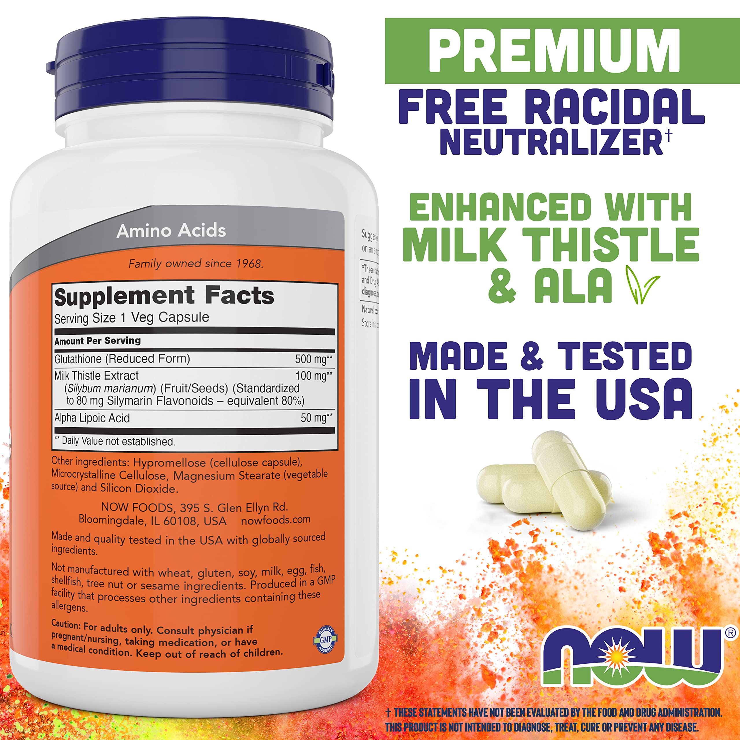 NOW Foods Glutathione 500 mg bottle label showing ingredients and boosters
