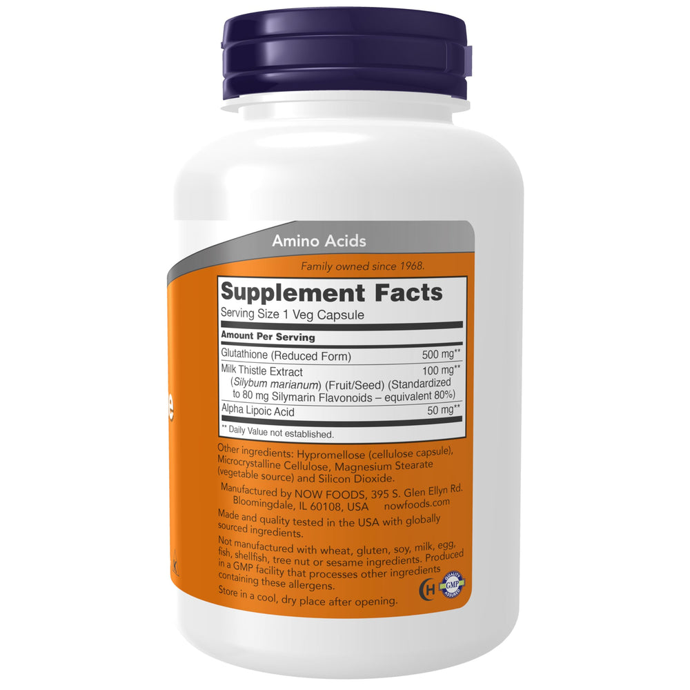 NOW Foods Glutathione 500 mg label closeup with milk thistle and alpha lipoic acid