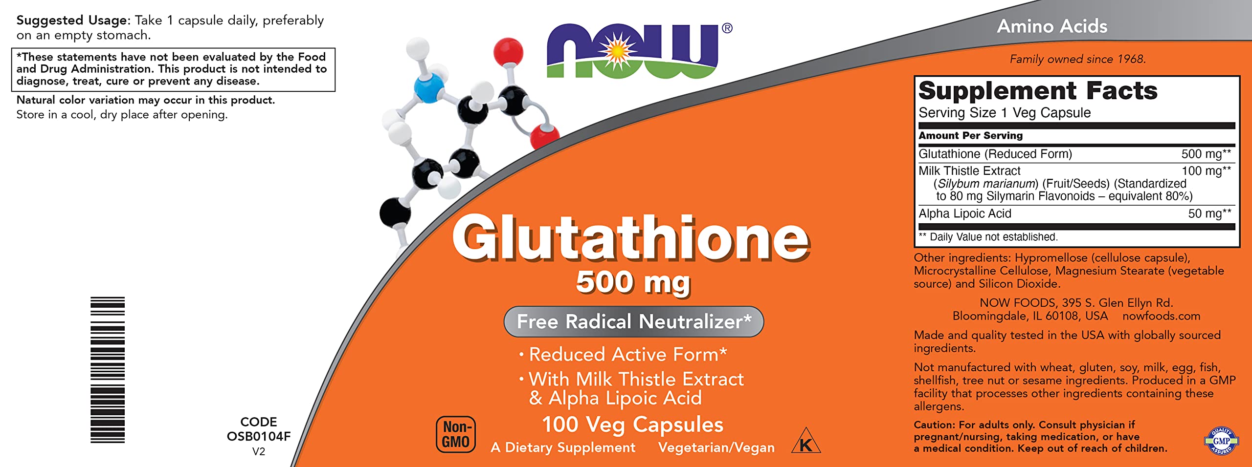NOW Foods Glutathione 500 mg packaging box with product benefits list
