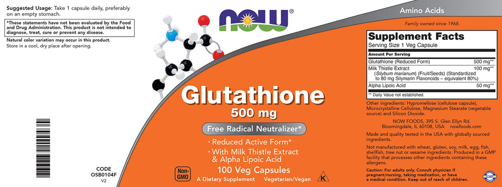 NOW Foods Glutathione 500 mg packaging box with product benefits list