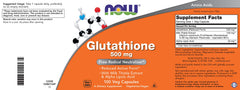 NOW Foods Glutathione 500 mg packaging box with product benefits list