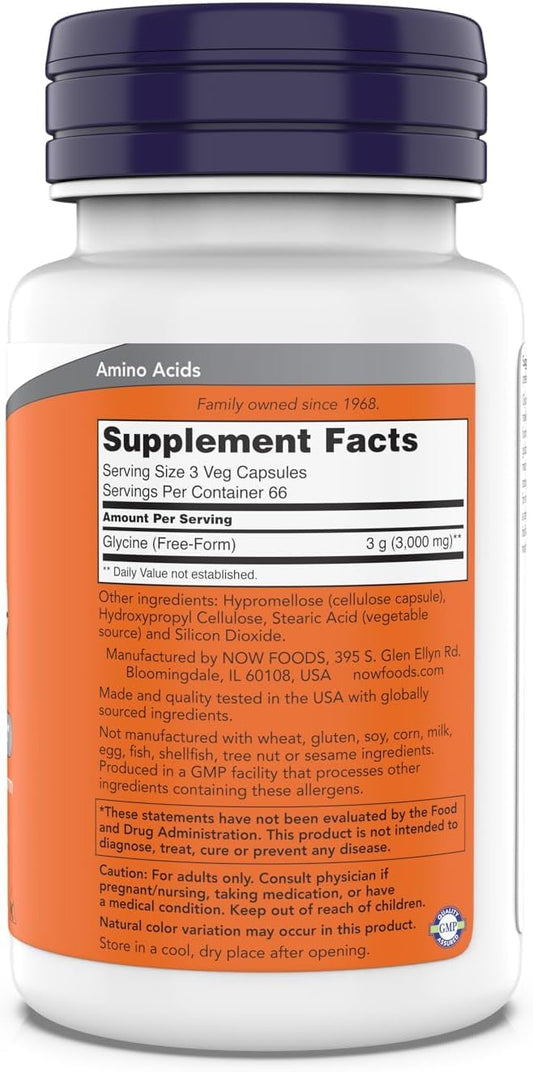 NOW Foods Glycine capsules close-up highlighting vegan formula.