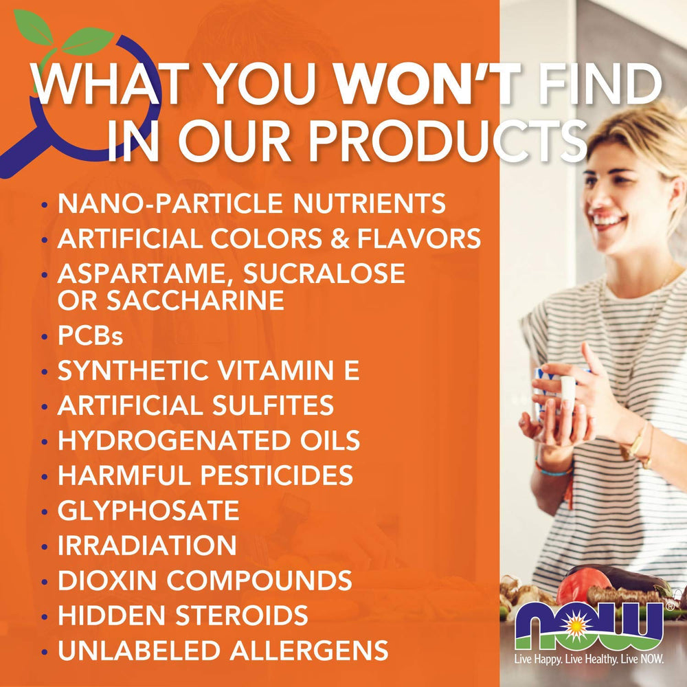 NOW Foods GMP facility label communicates strict quality control standards.