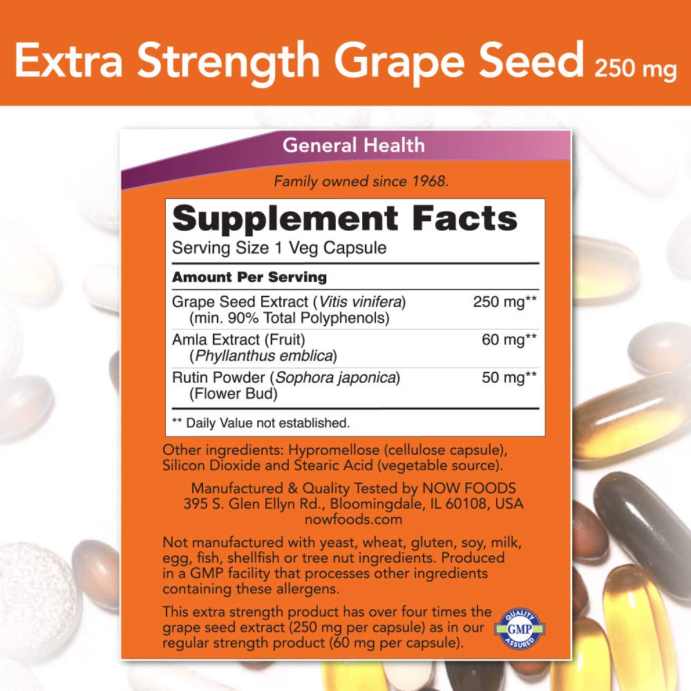NOW Foods Grape Seed Extract capsules closeup; concentrated polyphenols