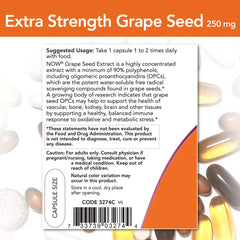 NOW Foods Grape Seed Extract ingredients panel; vegan and gluten-free