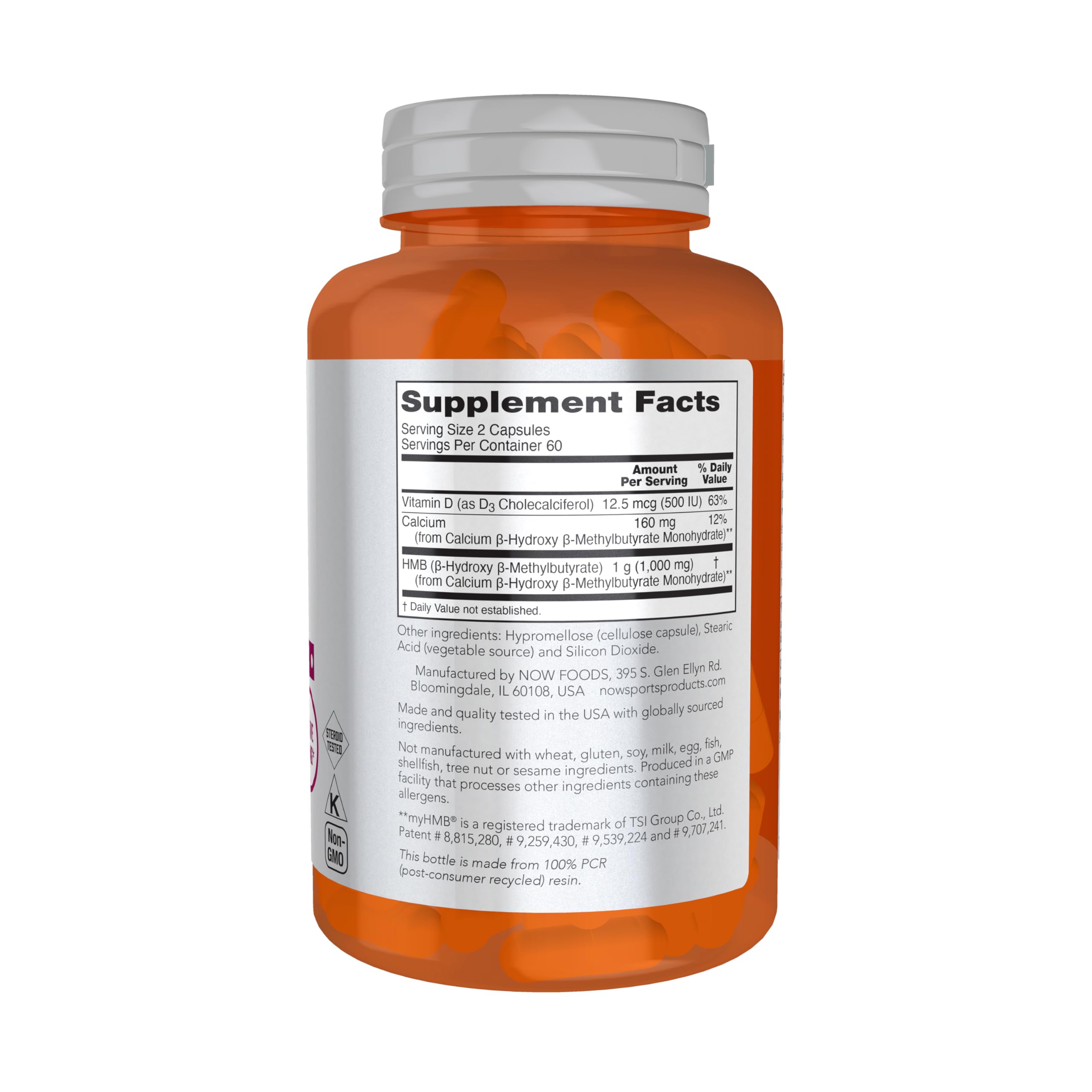 NOW Foods HMB bottle label closeup highlighting sport performance potential