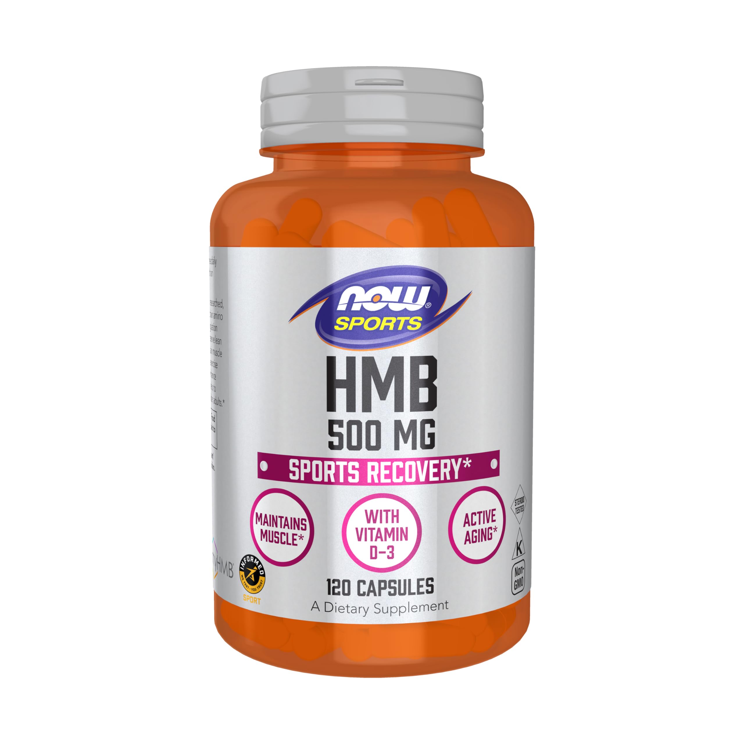 NOW Foods HMB capsules bottle shows lean muscle support for athletic recovery