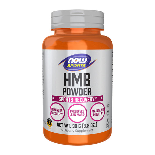 NOW Foods HMB powder bottle label signaling purity and recovery potential