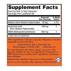 NOW Foods Hyaluronic Acid with MSM capsules arranged for daily use and potential joint support