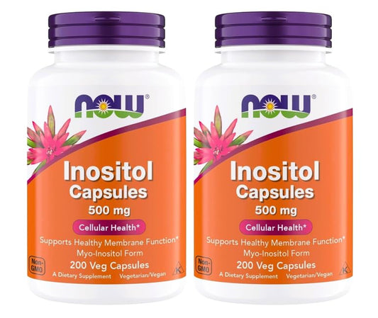 NOW Foods Inositol 500 mg bottle with clear label for daily cellular support.