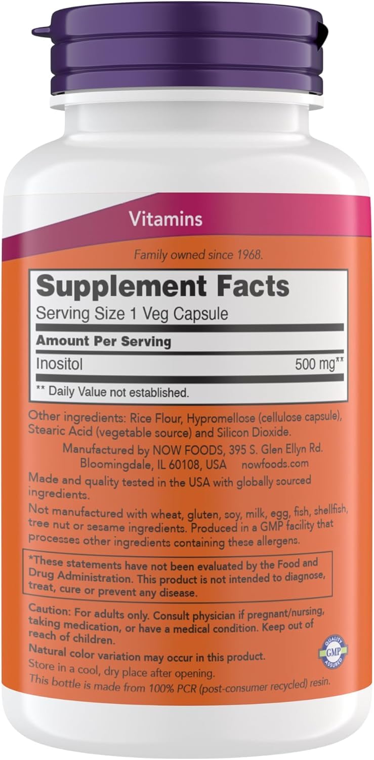 NOW Foods Inositol capsules provide 500 mg strength for daily support.