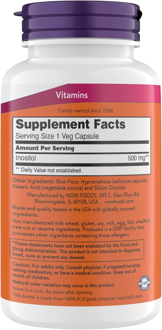 NOW Foods Inositol capsules provide 500 mg strength for daily support.