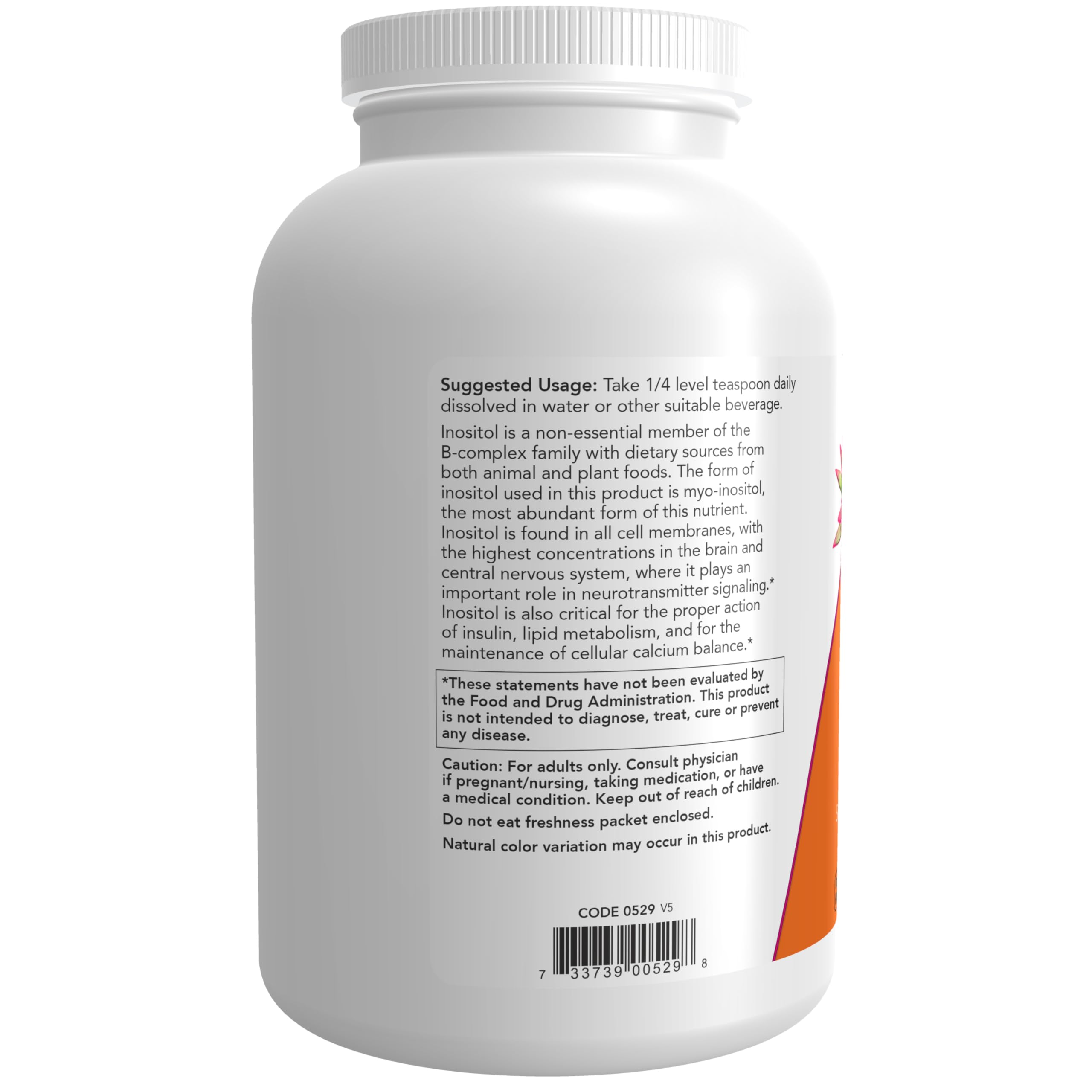 NOW Foods Inositol powder jar front label with vegan and non-GMO badges.