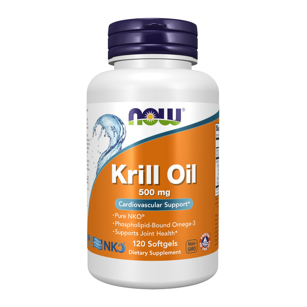 NOW Foods Krill Oil bottle with 120 softgels for daily joint and heart support.