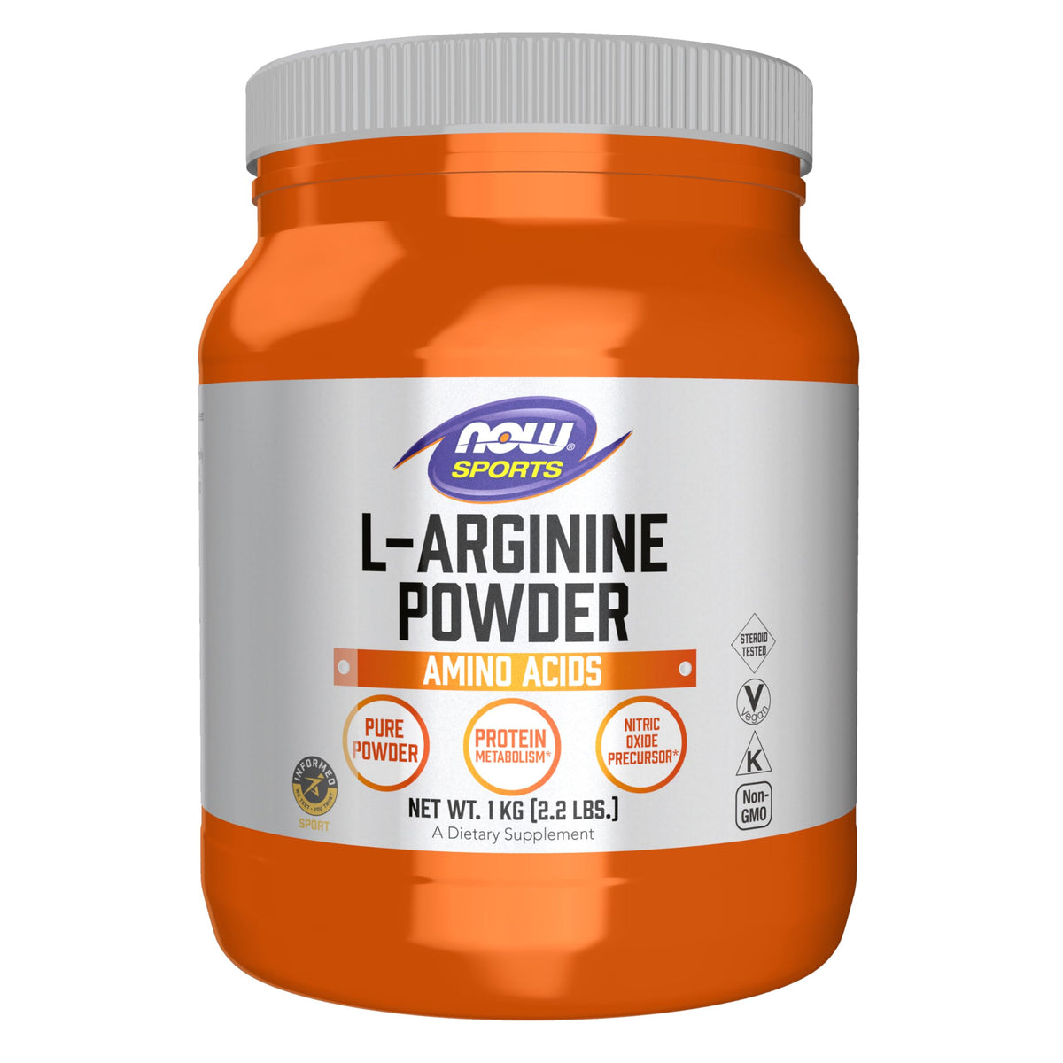 NOW Foods L-Arginine powder bottle closeup, pharmaceutical-grade formula for athletic support