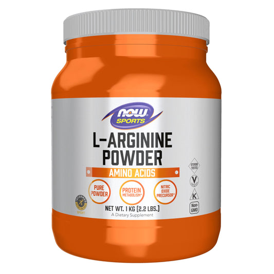 NOW Foods L-Arginine powder bottle closeup, pharmaceutical-grade formula for athletic support