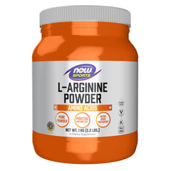 NOW Foods L-Arginine powder bottle closeup, pharmaceutical-grade formula for athletic support