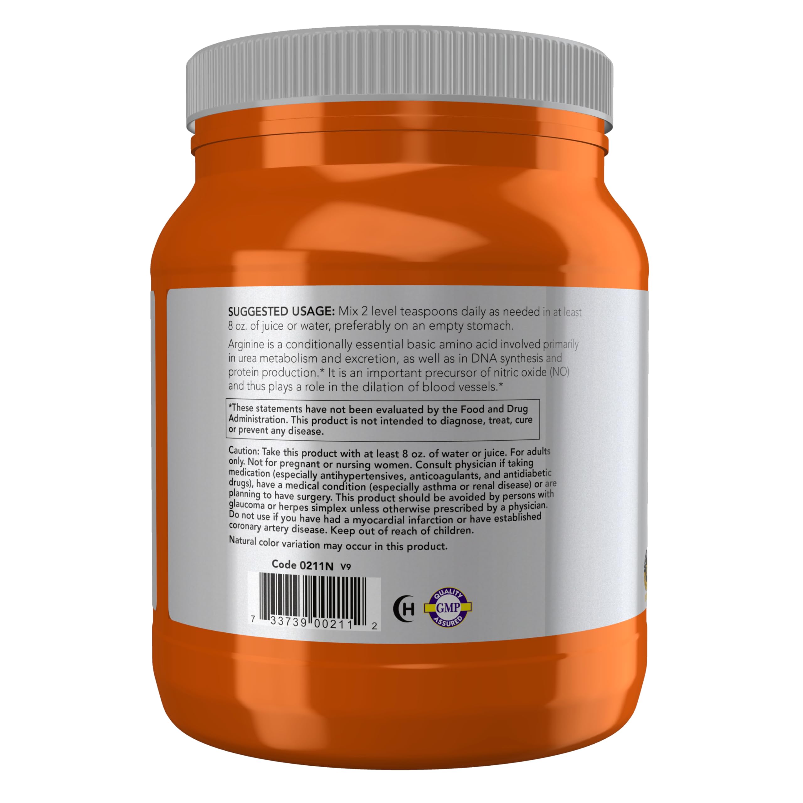 NOW Foods L-Arginine powder jar closeup showing easy dispensing