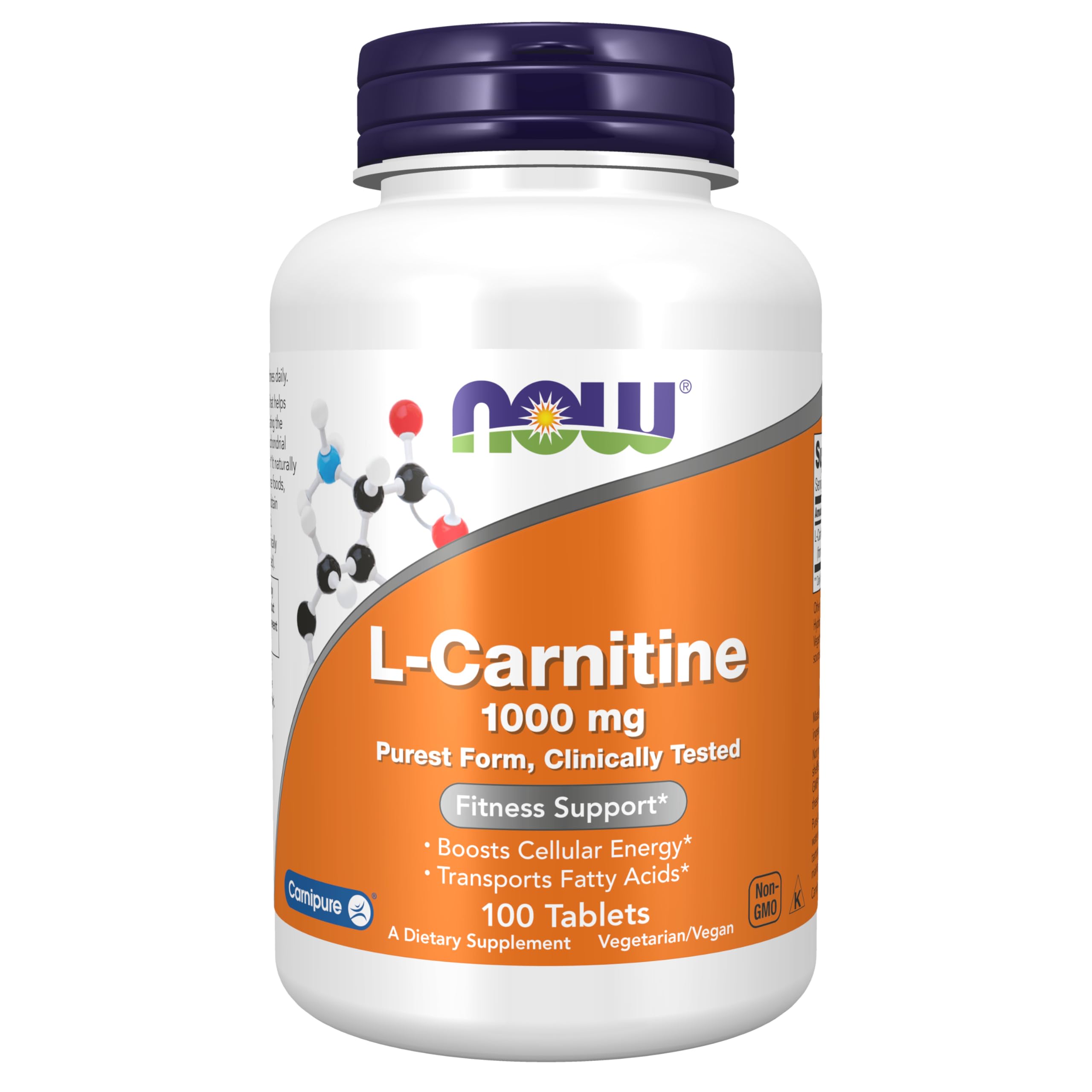 NOW Foods L-Carnitine 1,000 mg bottle front shows vegetarian formula for energy support.