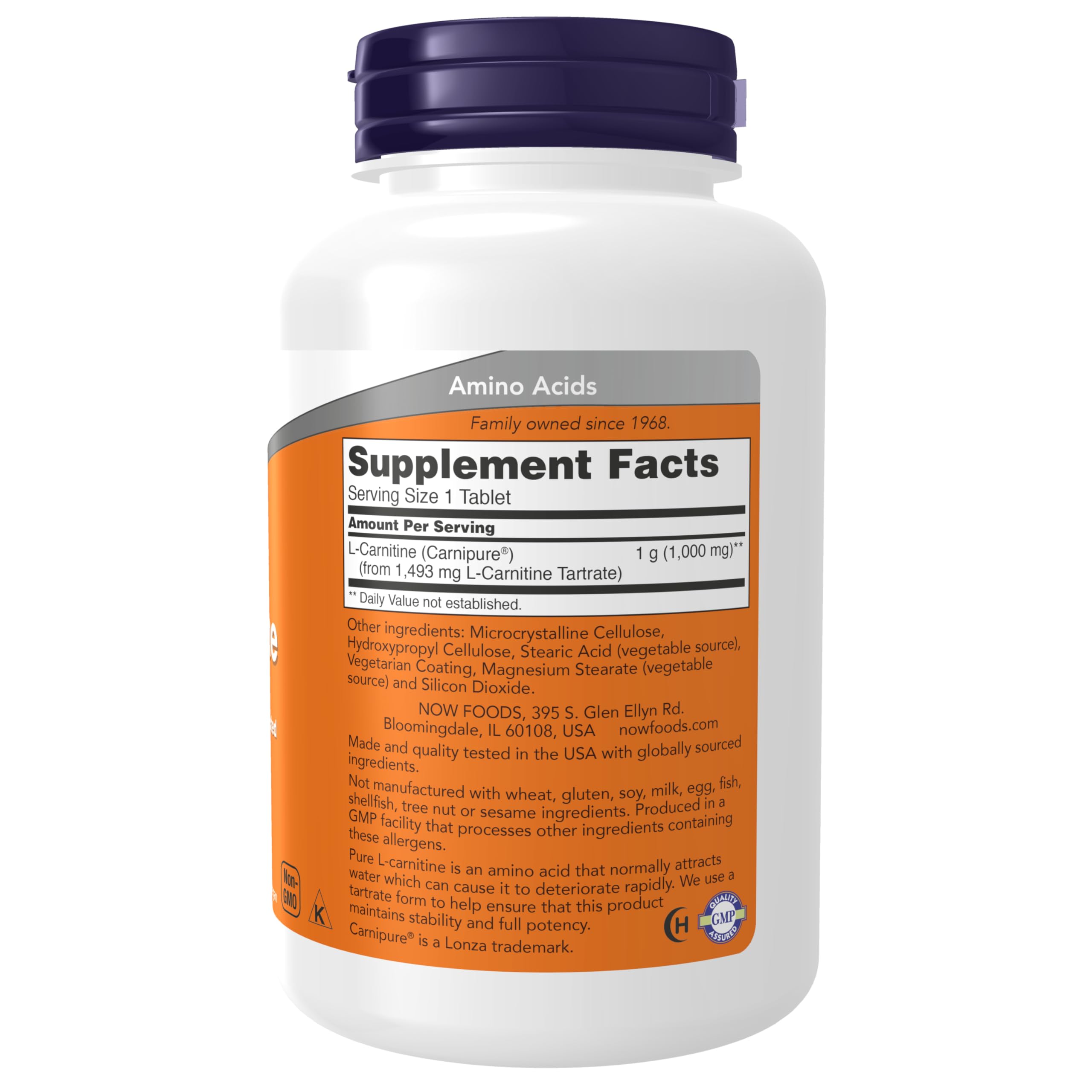 Close-up of NOW Foods L-Carnitine 1,000 mg tablets highlighting energy metabolism support.