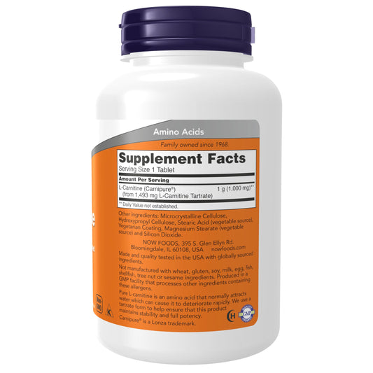 Close-up of NOW Foods L-Carnitine 1,000 mg tablets highlighting energy metabolism support.