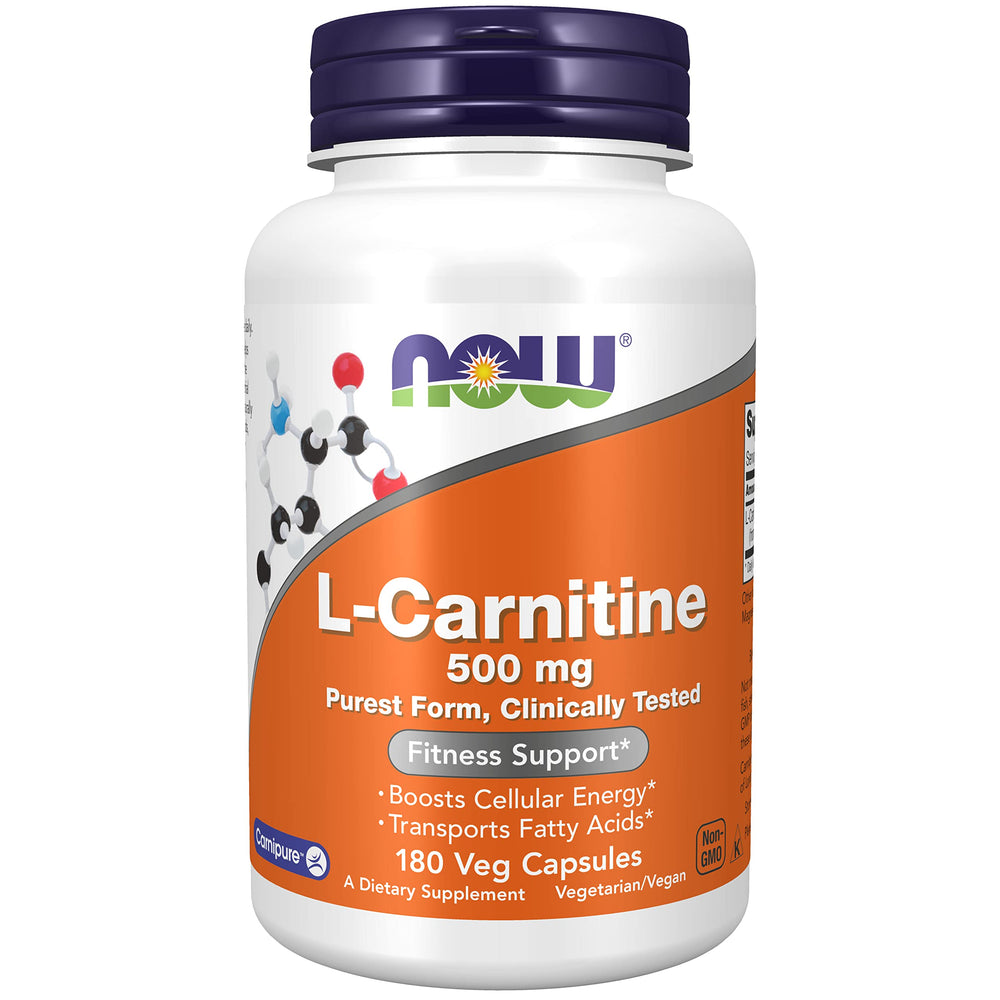 NOW Foods L-Carnitine 500 mg bottle front view for everyday energy support.