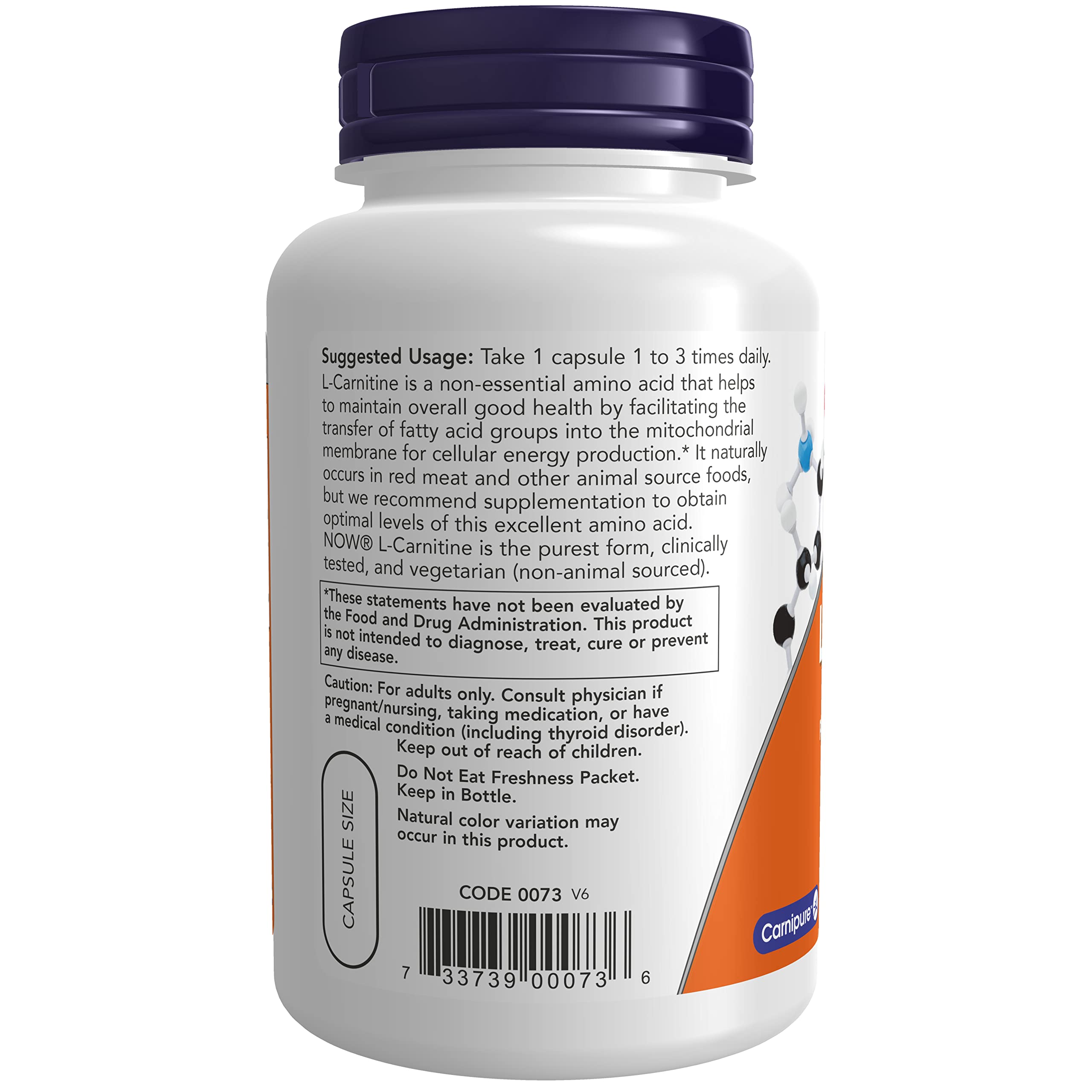 NOW Foods L-Carnitine 500 mg capsules close-up showing vegetarian formula.