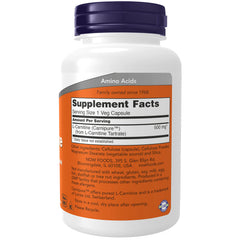 NOW Foods L-Carnitine 500 mg label close-up highlighting vegan and non-GMO certifications.