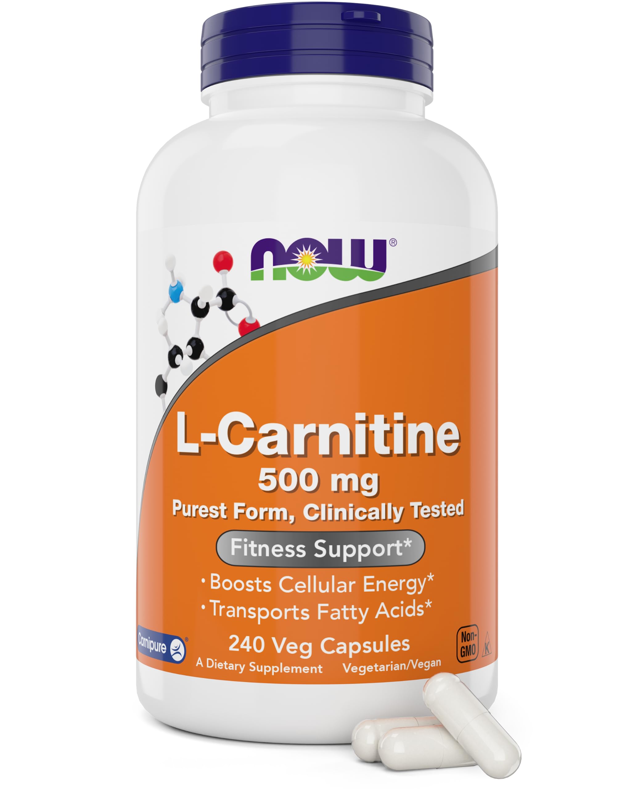 NOW Foods L-Carnitine 500 mg bottle with vegan capsules for energy support.