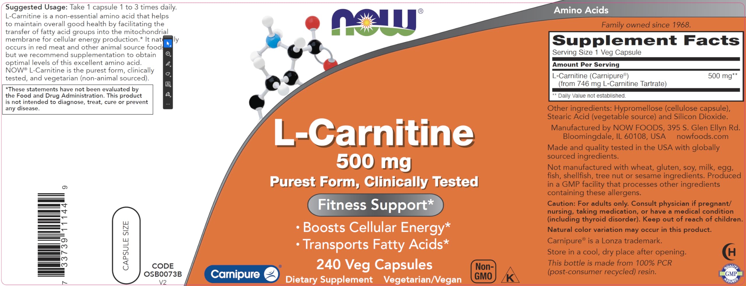 NOW Foods L-Carnitine 500 mg capsules closeup highlights dosage and pure vegetarian formula