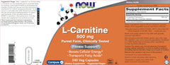 NOW Foods L-Carnitine 500 mg capsules closeup highlights dosage and pure vegetarian formula