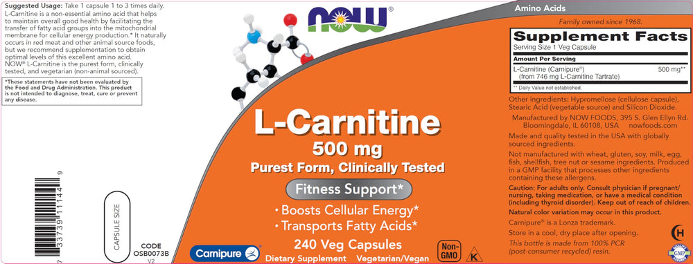 NOW Foods L-Carnitine 500 mg capsules designed for athletic performance and daily vitality.