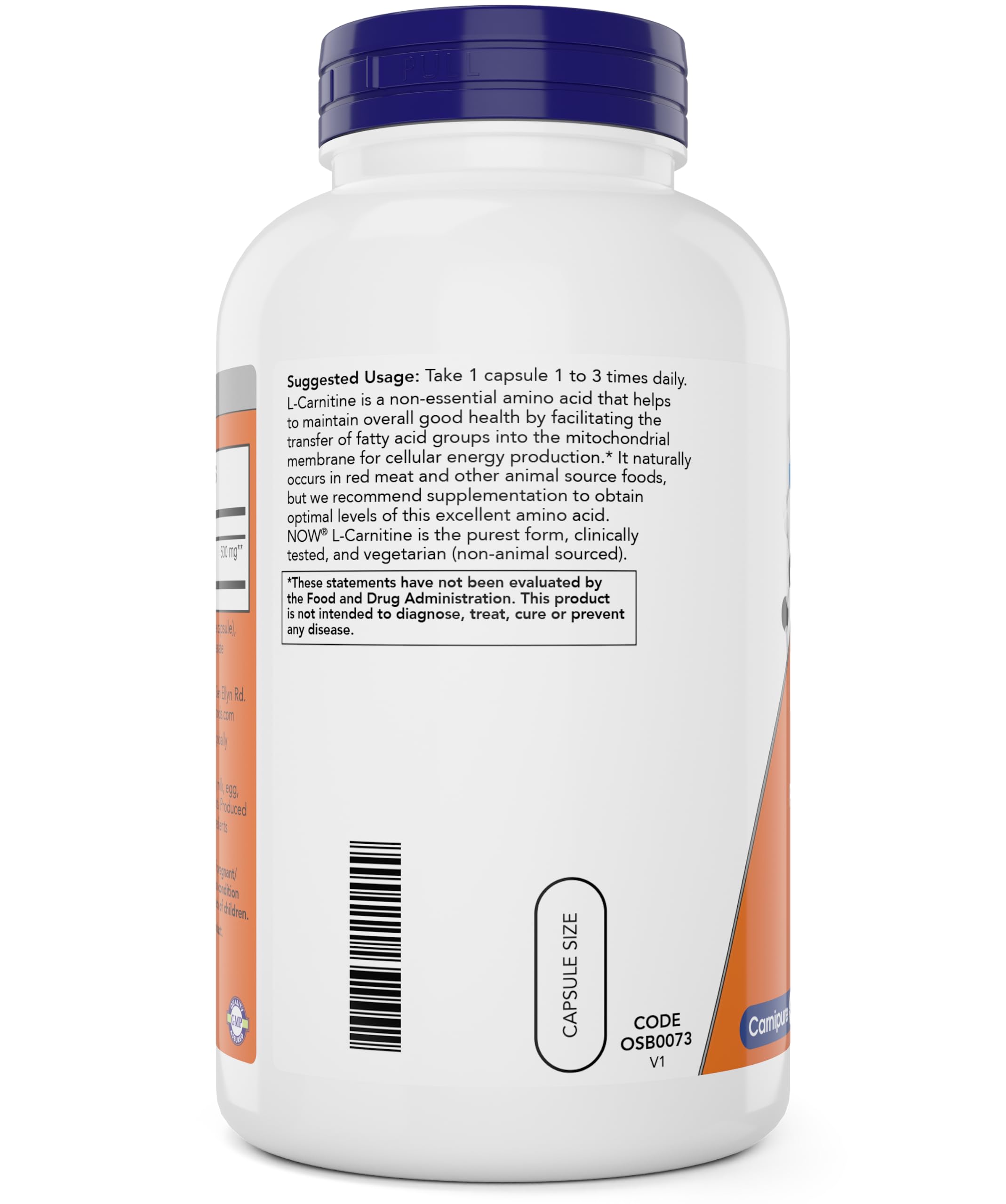 L-Carnitine 500 mg label highlights pure, non-GMO, vegetarian formula.