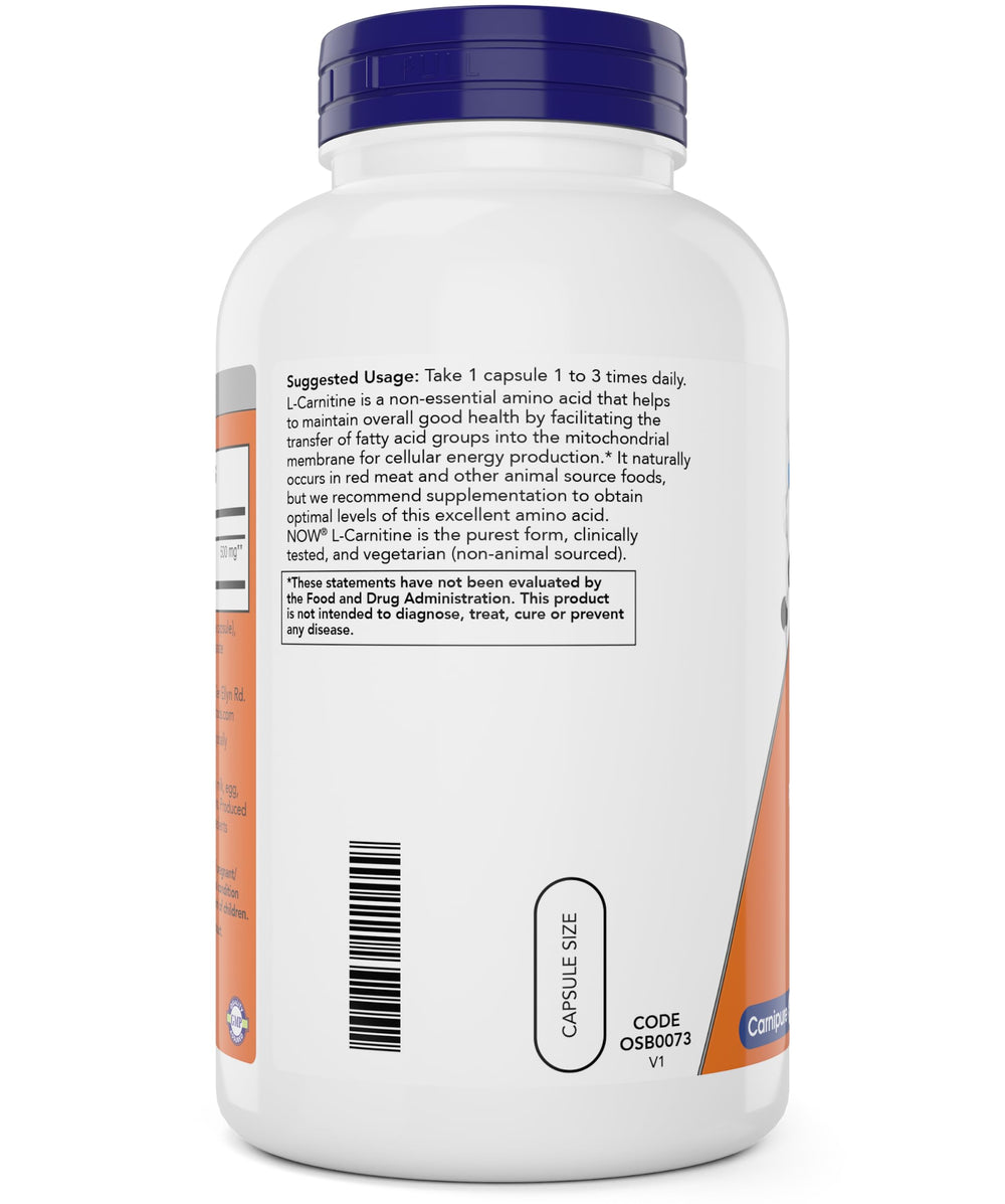 L-Carnitine 500 mg label highlights pure, non-GMO, vegetarian formula.
