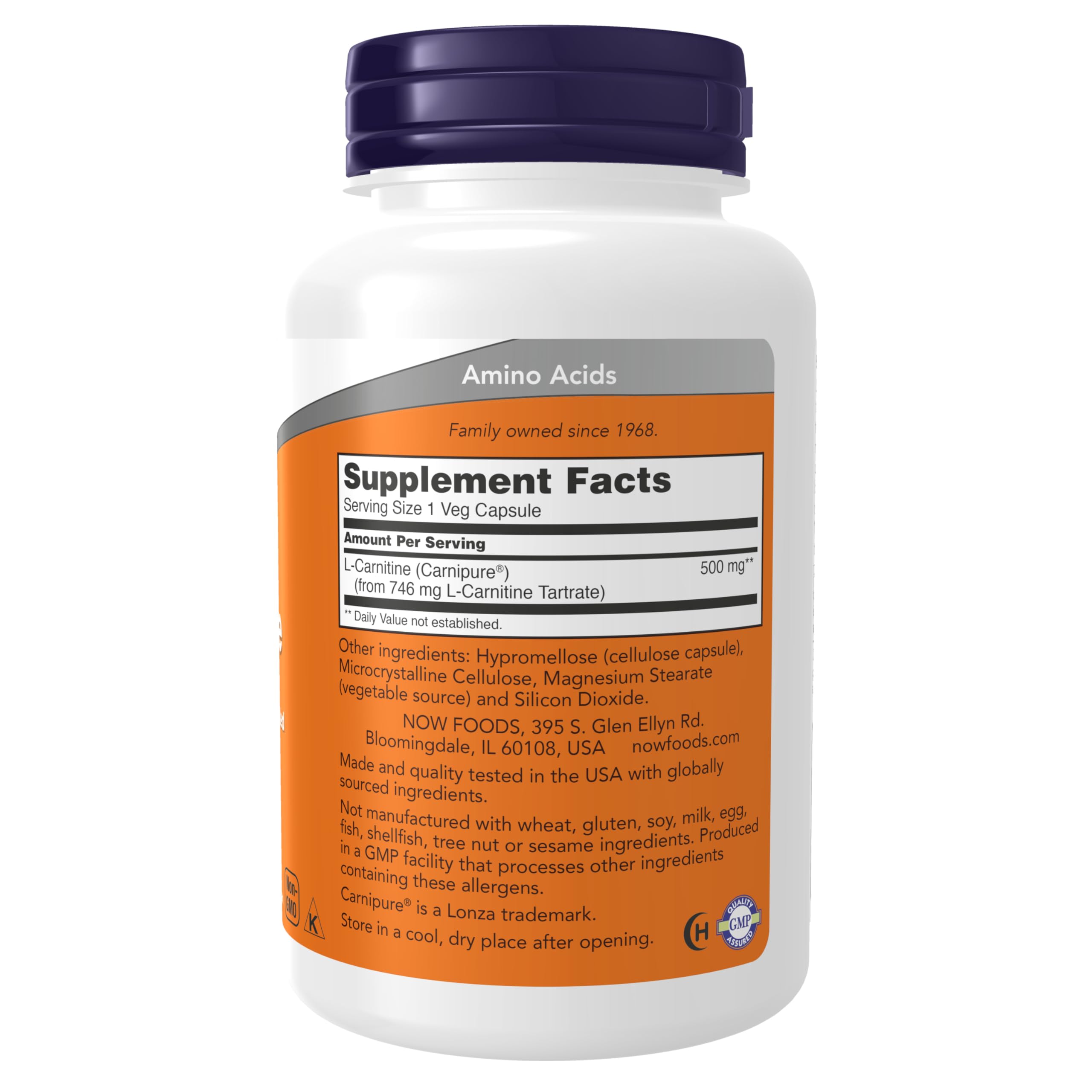 NOW Foods L-Carnitine 500mg label close-up highlights pure form and non-GMO.