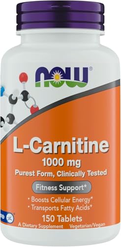 NOW Foods L-Carnitine tablets close-up highlighting pure Carnipure formula.
