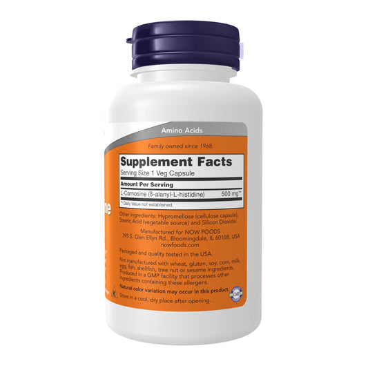 NOW Foods L-Carnosine capsules close-up highlighting supplement potency