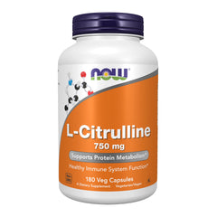 NOW Foods L-Citrulline 750 mg bottle showing vegan capsules for protein metabolism support