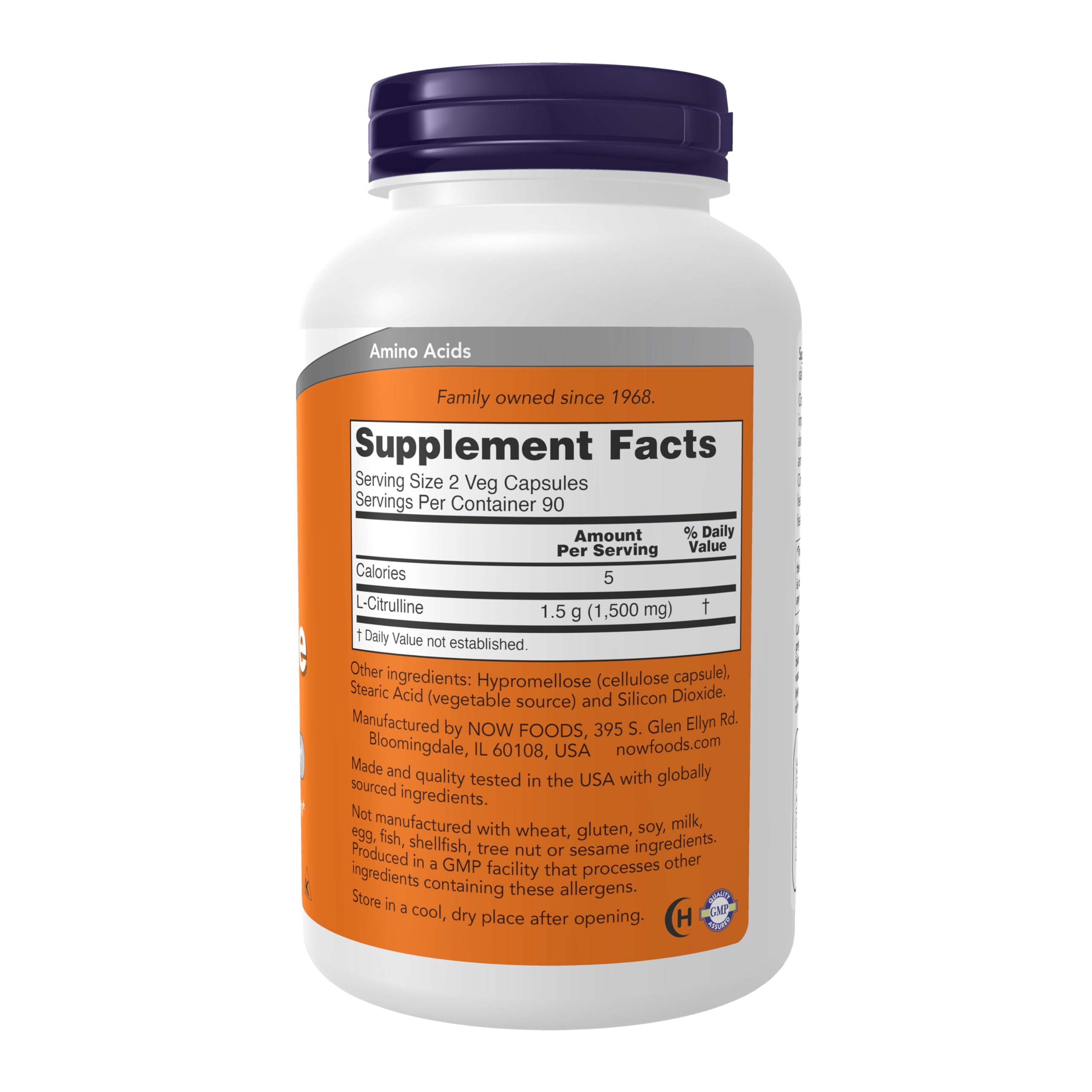 NOW Foods L-Citrulline 750 mg capsules closeup highlights dairy-free, vegan formula