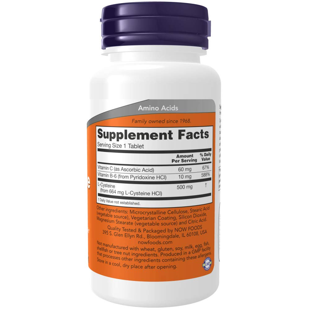 NOW Foods L-Cysteine tablets close-up highlighting hair and nail support.