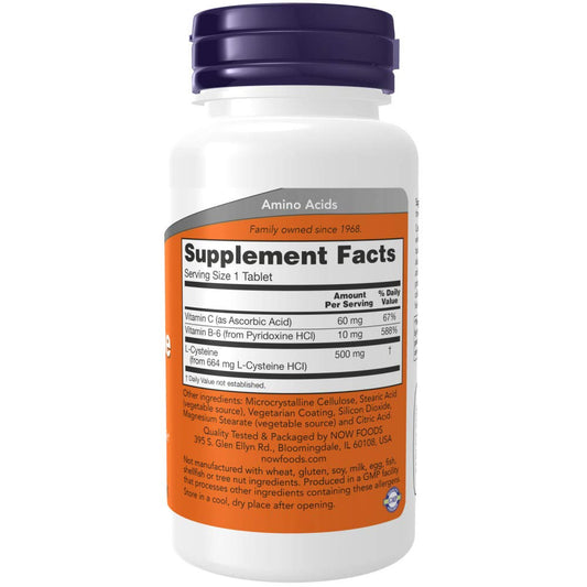 NOW Foods L-Cysteine tablets close-up highlighting hair and nail support.