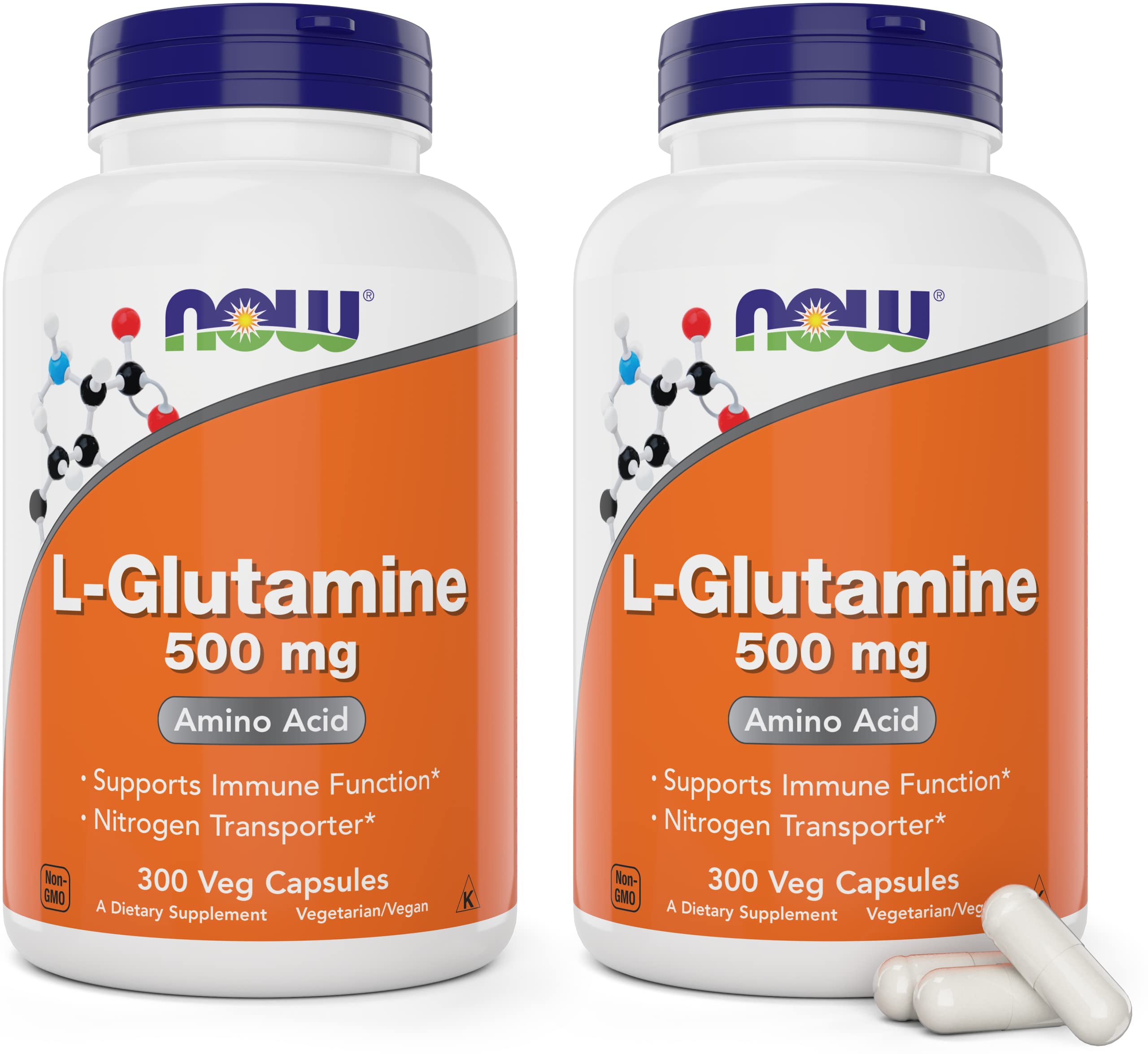 NOW Foods L-Glutamine 500 mg bottle front; vegan, non-GMO daily supplement for immune and gut support.